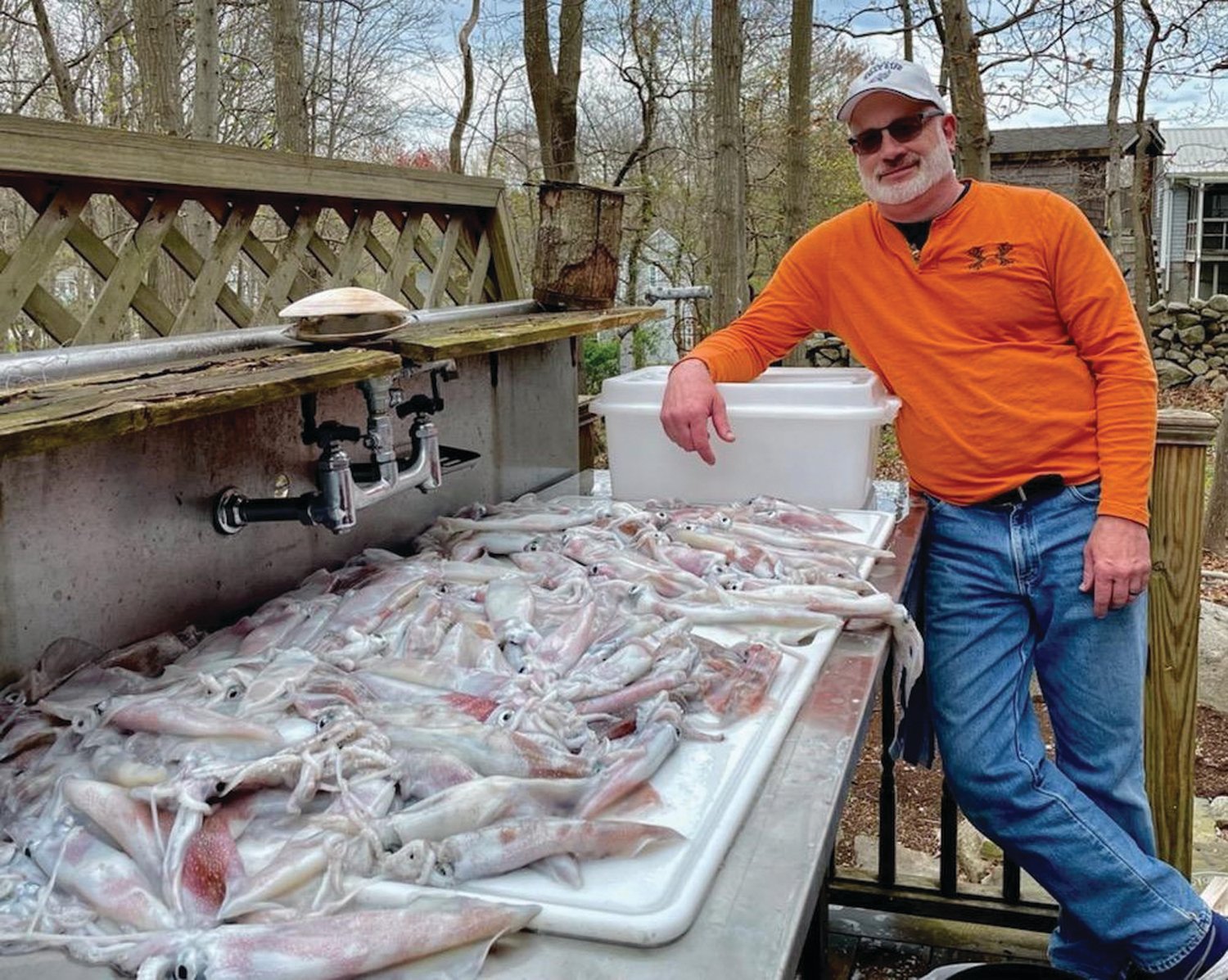 Capt. Mike Littlefield of Archangel Charters said, “Last week we had Greg Vespe of Tiverton, ‘The Squid Whisperer’, on board and we caught five (five gallons) pales of squid.”